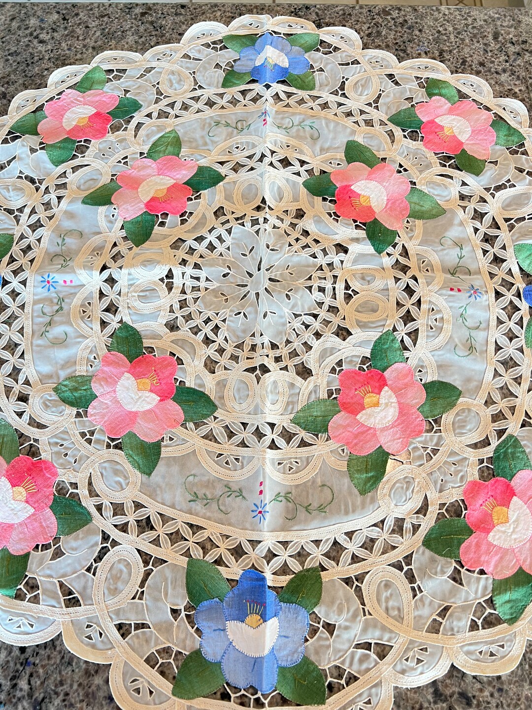 Battenburg Lace and Floral Appliqué Round Tablecloth, Centerpiece Doily