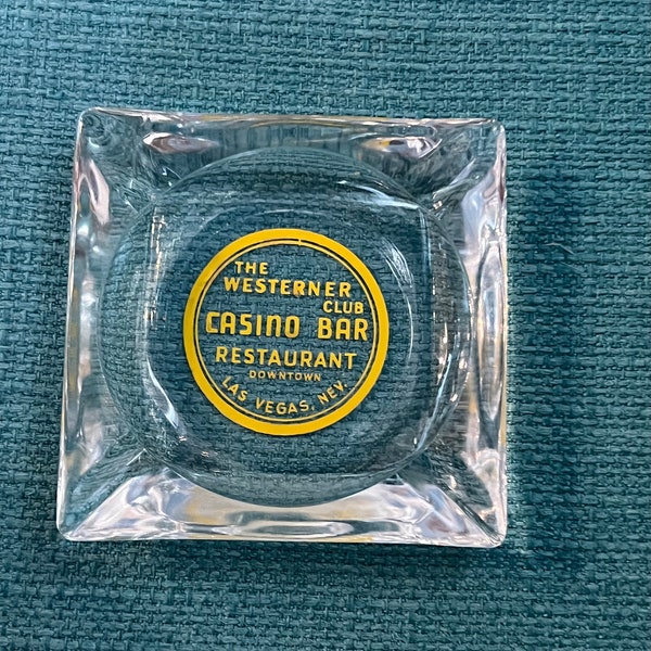 RARE 1950’s The Westerner Casino Bar Restaurant Las Vegas Glass Ashtray in Yellow Graphics 3 1/2”-vintage Casino, Ashtray, Westerner ashtray