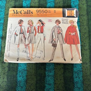May include: Vintage McCall's sewing pattern 9550 featuring cape, vest, and culottes designs. The pattern envelope shows illustrations of the finished garments. The size is 12, with a 34-inch bust. The envelope is printed with the McCall's logo.