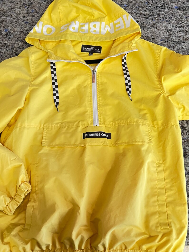 Members Only Bright Yellow Hoodie Windbreaker half Zip Front with Checkered Drawstring Size S sailing windbreaker, Members only windbreaker image 2