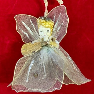 Vintage Angel Ornament Playing The Violin Paper Head Nylon Winged Made in Japan 4&quot; Tall- angel ornament, nylon wing angel, vintage angel