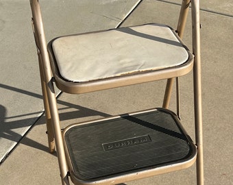 Vintage DURHAM Beige Metal Folding Stepstool Step Ladder with Vinyl  Seat- folding seat, folding footstool, Durham ladder stool