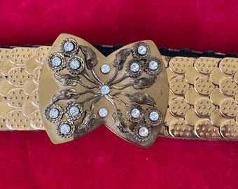 Vintage Gold Fish Scale Belt Stretchy Metal with Bowtie Shape Rhinestone Floral Gold Buckle 30-35" Waist- vintage women's stretch metal belt