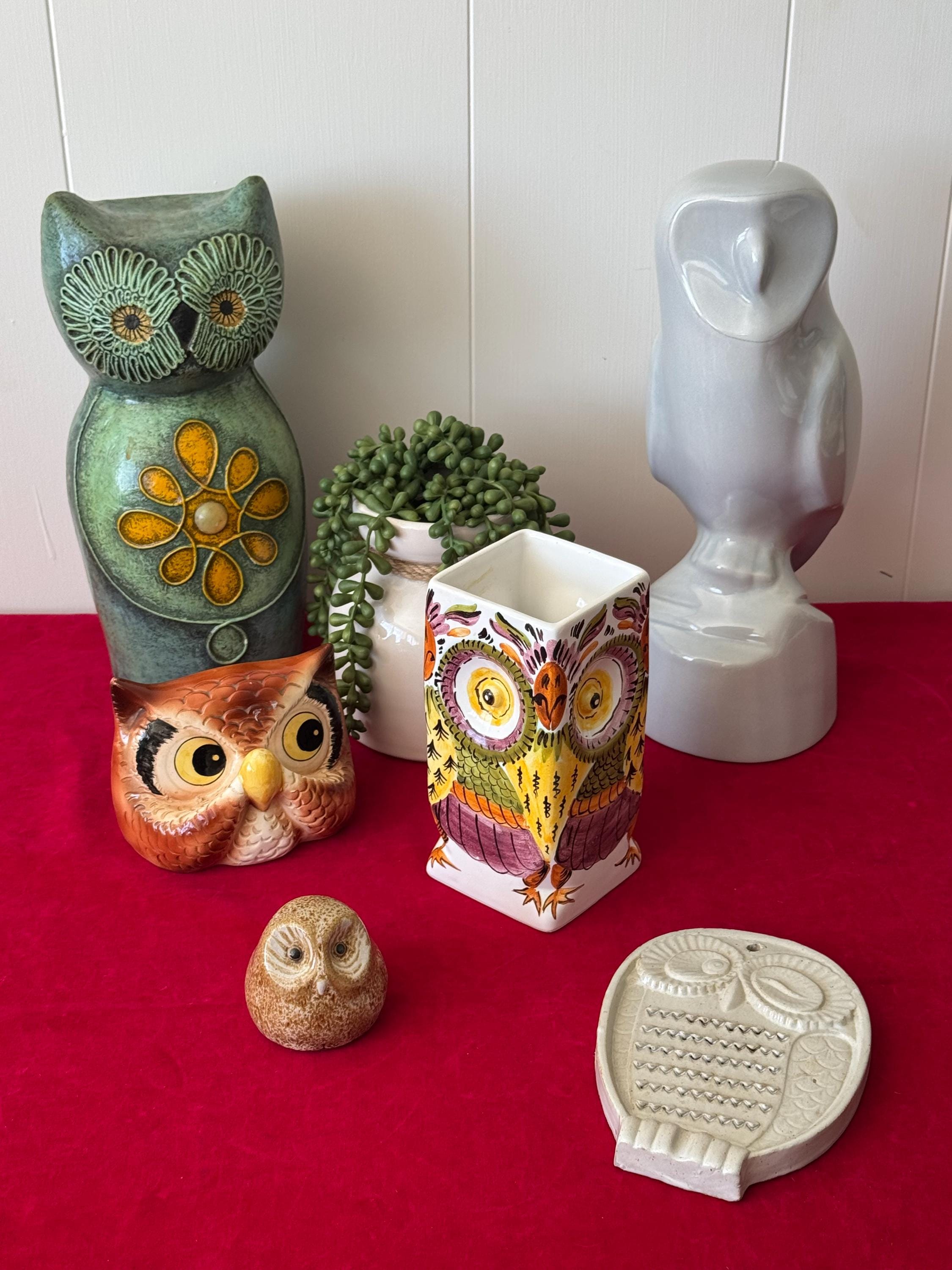 MCM Gemma Taccogna Papier Mache Green Owl, Northern Pottery Modern Gray Owl, Chadwick Owl owl plaque