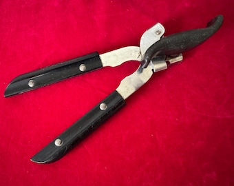 Vintage FLINT EKCO Can Opener Heavy Duty Held Patent Pending~ can opener Black Handle with Brass Rivets~