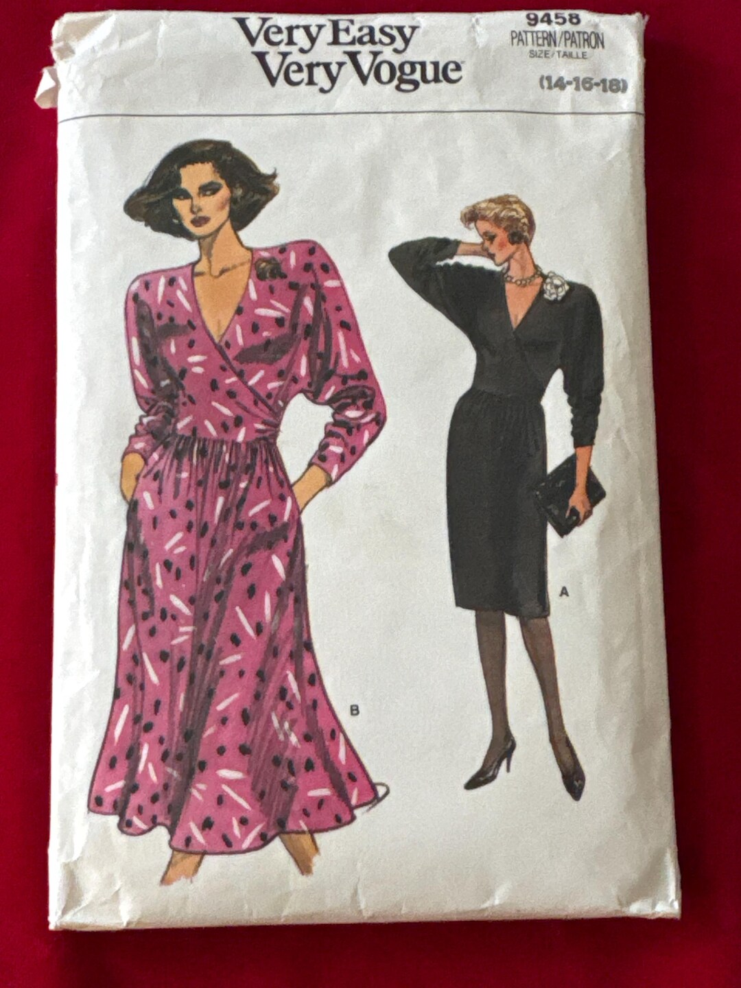 1986 Vogue 9458 Sewing Pattern Misses Surplice Wrap Front Dress Long ...