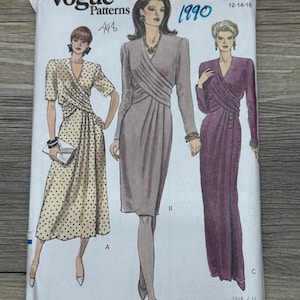 1990 Vogue Sewing Pattern 7939 Misses Draped Wrap Front Evening Dress in 3 Lengths, Size 12-16, Uncut- sexy dress, evening dress pattern