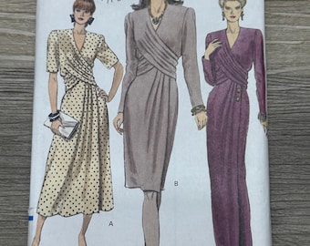 1990 Vogue 7939 Suknia wieczorowa z drapowanym przodem i kopertowym przodem w 3 długościach, rozmiar 12-16, bez cięć – seksowna sukienka, wykrój na suknię wieczorową