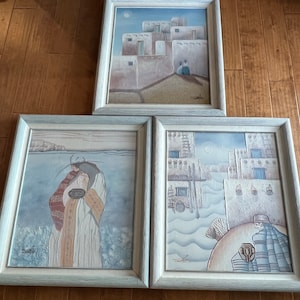 Native American Sand Art Pueblos and Navajo Figure & Pots by Myung "Mario" Jung Blue Paintings of Native Southwest~ U CHOOSE~ Free Shipping
