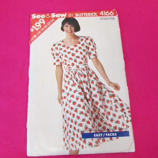 1989 Patron de couture Butterick See & Sew 4166 Robe semi-ajustée avec corsage et jupe évasée pour femmes, taille 16-24, coupe ; robe avec épaulettes