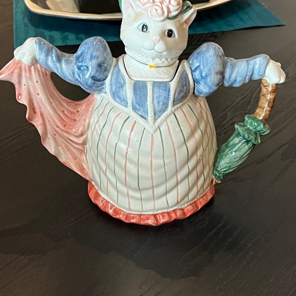 1988 Fitz and Floyd Cat “Miss Kitty” Teapot Cat with Dress from Kittens of Knightsbridge~ figural cat teapot