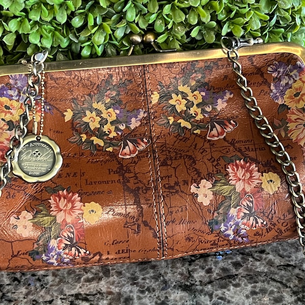 Patricia Nash POTENAZ Leather Frame Crossbody Clutch ~ Floral Map of Italy With 10th anniversary charm