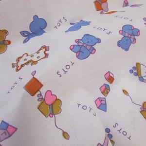Vintage Children&#39;s Bears and Toys White, Blue and Pink Stiffer Cotton Fabric 44&quot; W X BTY~ cotton teddy bear fabric, mini bear w toys fabric