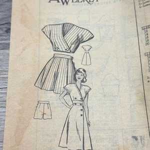RARE 1940’s The American Weekly Sewing Pattern 3803 Misses High Waist Shorts Button Side, Side Button Skirt & Midriff Blouse Size 18 uncut