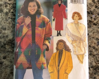 1993 Butterick Sewing Pattern 3026 Misses Shawl Collar Short or Long Coat Fringe Edge Size 14-18 Uncut- winter coat pattern, short coat