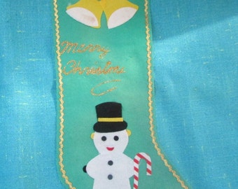 Vintage 1960's Green Felt Handmade Snowman with Glitter Word MERRY CHRISTMAS Stocking, 17 1/2"T, green felt snowman stocking