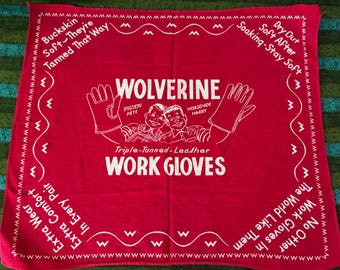 Vintage 1950's Wolverine Leather Work Gloves Advertising Bandana Pigskin Pete and Horseshoe Harry
