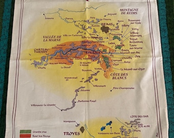 Le Vignoble Champenois French Map Souvenir Kitchen Tea Towel~ Champagne map of France