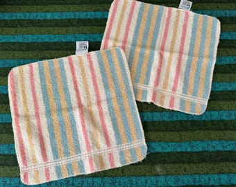 Vintage Fieldcrest Pastel Colors Striped Washcloths Face Towels Set of 2~vintage bathroom, striped washcloth