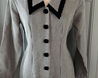 Vintage 1980'S Dawn Joy Black Houndstooth Button Front Long Sleeve Work Dress Velvet Trim Size 8- houndstooth print dress, retro work dress