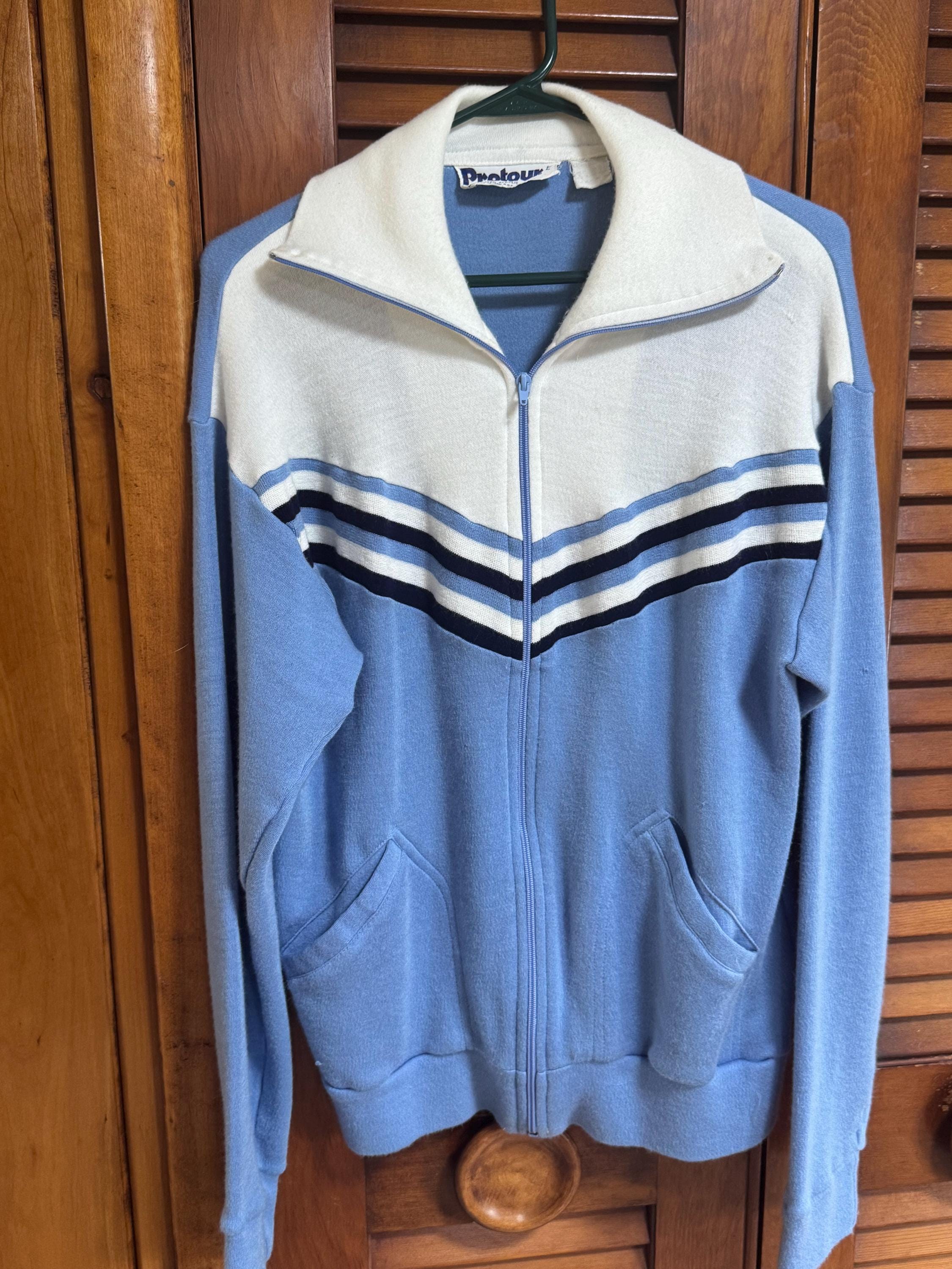 Vintage 70's Men's Powder Blue & White Protour Acrylic Zip Front