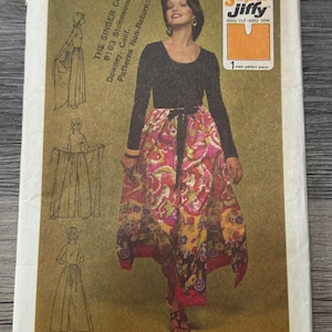 May include: A vintage sewing pattern package featuring a woman wearing a long skirt with a colorful floral design. The package includes the text "Super Jiffy" and "ONE SIZE". The Singer Co. is also printed on the package.