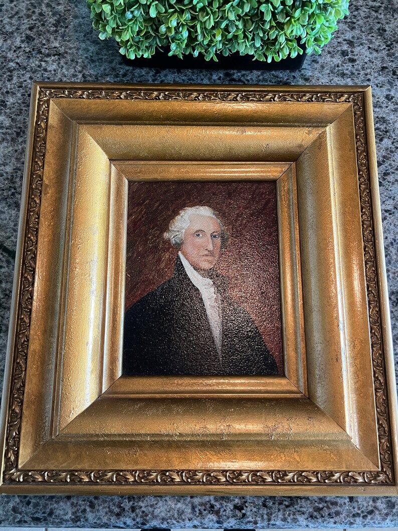 Antique George Washington Portrait in Thick Gold Frame 17” x 19”- patriotic oil painting, President oil painting, antique art image 2