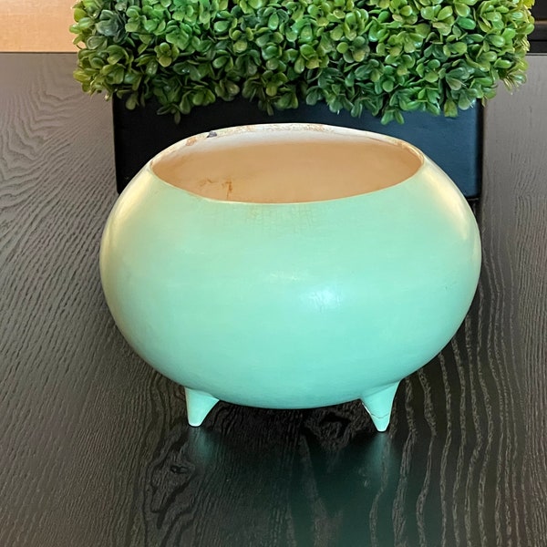 Vintage RARE 1930/40's Atomic Era Footed Mint Green Ceramic Round Vase Planter by Lucille B California Pottery~ 1940s California pottery