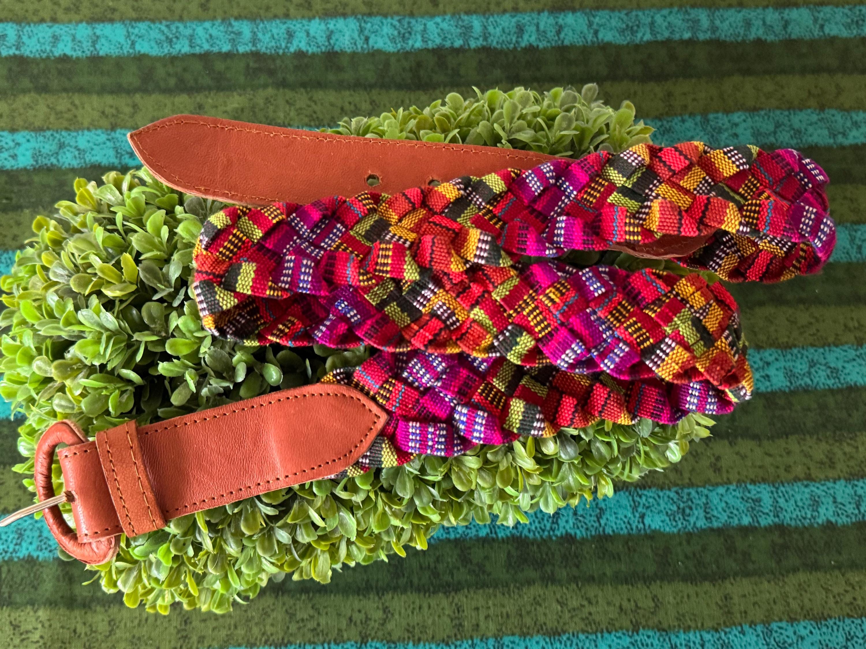 Vintage handmade Guatemala Peru woven rug fabric colorful rainbow belt 90s Vintage Guatemala Fabric Belt Hippy Boho Rainbow XL USA  main image 2