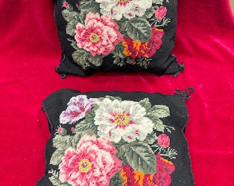 Vintage Black Romantic Victorian Rose Floral Needlepoint Square Pillow Velvet Back 14” by Katha Diddel Floral Pillow PRICE EACH