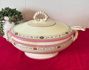 Powell, Bishop & Stonier Pink and Gold Oval Soup Tureen with Original Ladle with Repairs~ 1878-1891 Antique antique soup tureen