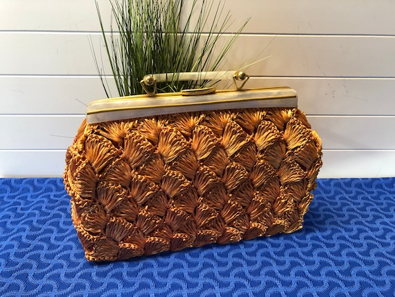 Vintage 1960's Womens Orange Raffia Handbag with P
