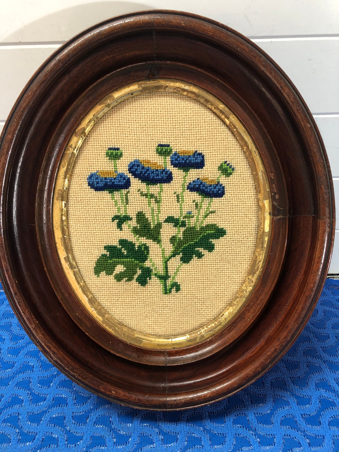 Antique Oval Framed Embroidery Wall Art Blue Flowers 13 W X Etsy