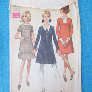 1968 Simplicity Sewing Pattern 7852 Misses A-Line Mini Shift Dress with 2 Necklines & 2 Sleeve Lengths, Size 12 cut; 1960s Peter Pan Collar