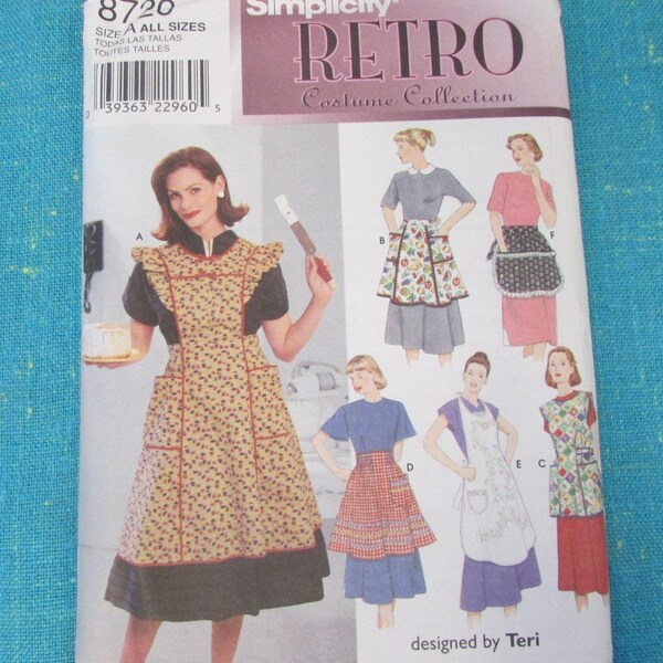 1999 Simplicity Sewing Pattern Designed by Teri 8720 Misses Costume Collection Choice of Aprons, All Sizes; Uncut, apron with pockets