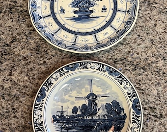Antique BLAUW Delfts Blue Large Round Wall Plate w/Windmills OR Gouda Holland Delft Wall Plate with Flowers 13 1/2" No 6006~ U CHOOSE