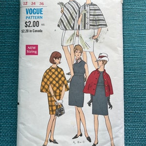 May include: Vintage Vogue sewing pattern number 7247 for a cape and dress. The pattern includes three different styles: a plaid cape and dress, a red cape and dress, and a striped cape and dress. The pattern is for sizes 12, 34, and 36.