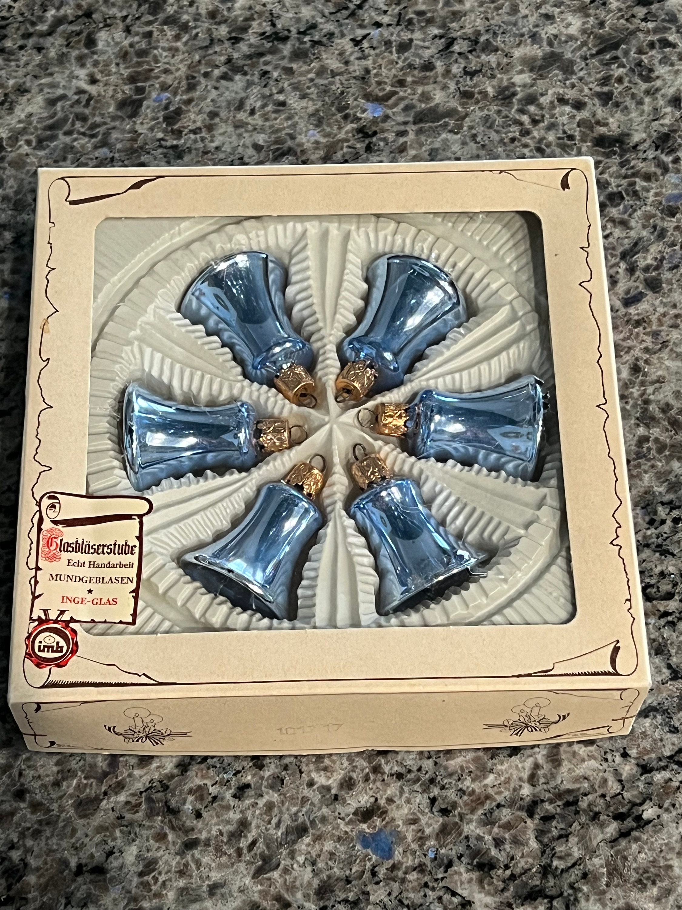 Boxed 1983 Vintage Inge-glas Blue Glass Bell Christmas Ornaments