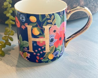 Rifle Paper Co for Anthropologie “H” Gold Inital Green Floral Ceramic Coffee Mug with Gold Handle- Womens coffee mug, monogrammed H mug