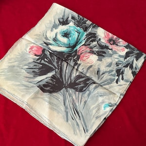 Vintage 50/60&#39;s Gray Pink & Turquoise Blue Floral Square Silk Scarf 31&quot; hand rolled hem- gray floral scarf, head scarf, vintage floral scarf