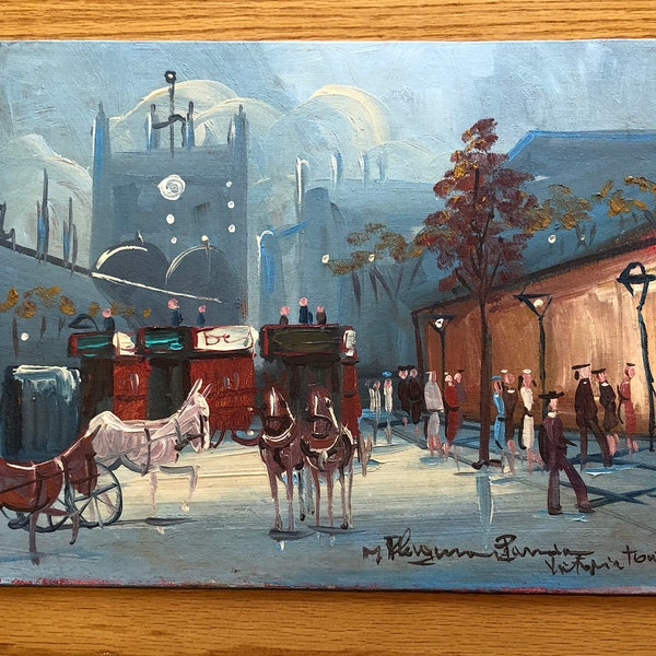 Mid Century Impressionist Paris Street Scene Oil Painting in Blue Tones Signed 16" w x 12" H- Paris street scene painting, French painting