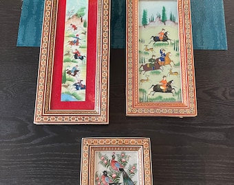 U CHOOSE~ Persian Khatam Mosaic Framed Art with Hunting Scenes Signed~ 6" x 13 1/2", 5" x 11 1/2" or 5 1/4" x 6 3/4" ~ Persian art, Khatam