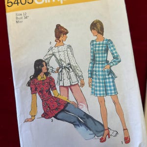 1972 Simplicity Sewing Pattern 5405 Misses Mini Dress or Tunic Top, Size 12 Uncut - back button tunic, long sleeve dress