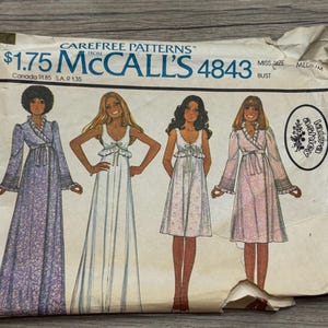 RARE 1975 McCalls Sewing Pattern 4843 Laura Ashley Misses Empire Waist Nightgown or Dress Long or short Ruffle neck wrap robe  Size 14-16