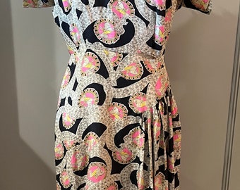 1940/50's  Handmade Black & Pink Silk Print silk dress Size 8-10 with man on horse pattern- 1940s silk dress, 1940s work dress