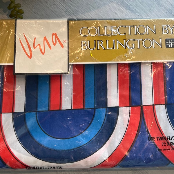 RARE 1960'S Vera Neumann For Burlington “Rainbow Stripe” Pattern Twin Flat Sheet in Red, White & Blue- Vera sheets, patriotic sheets