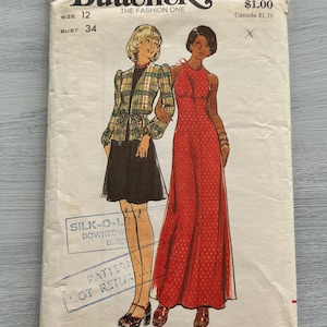 1970&#39;s Butterick Sewing Pattern 3429 Misses Long or Short Halter Top Dress with Tie Front Jacket Puff Sleeves Size 12 Cut~ halter dress
