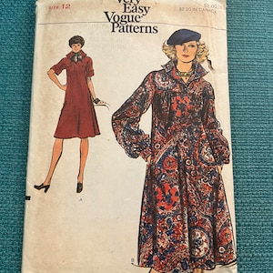 1975 Vogue Sewing Pattern 9060 Misses Long or Short Sleeve Loose Tent Tunic Painters Smock Dress Side Pockets Collar Size 12 cut- 70&#39;s dress