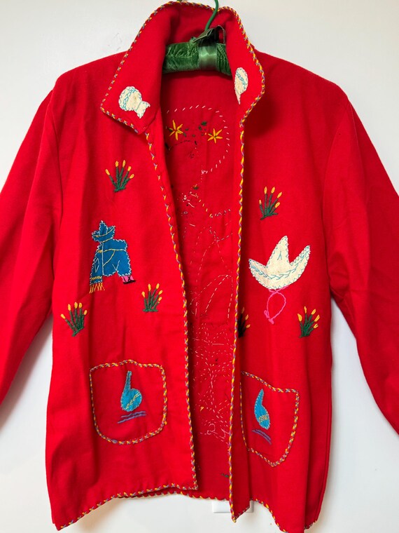 1940s Mexican Souvenir Jacket Red Wool Embroidere… - image 2