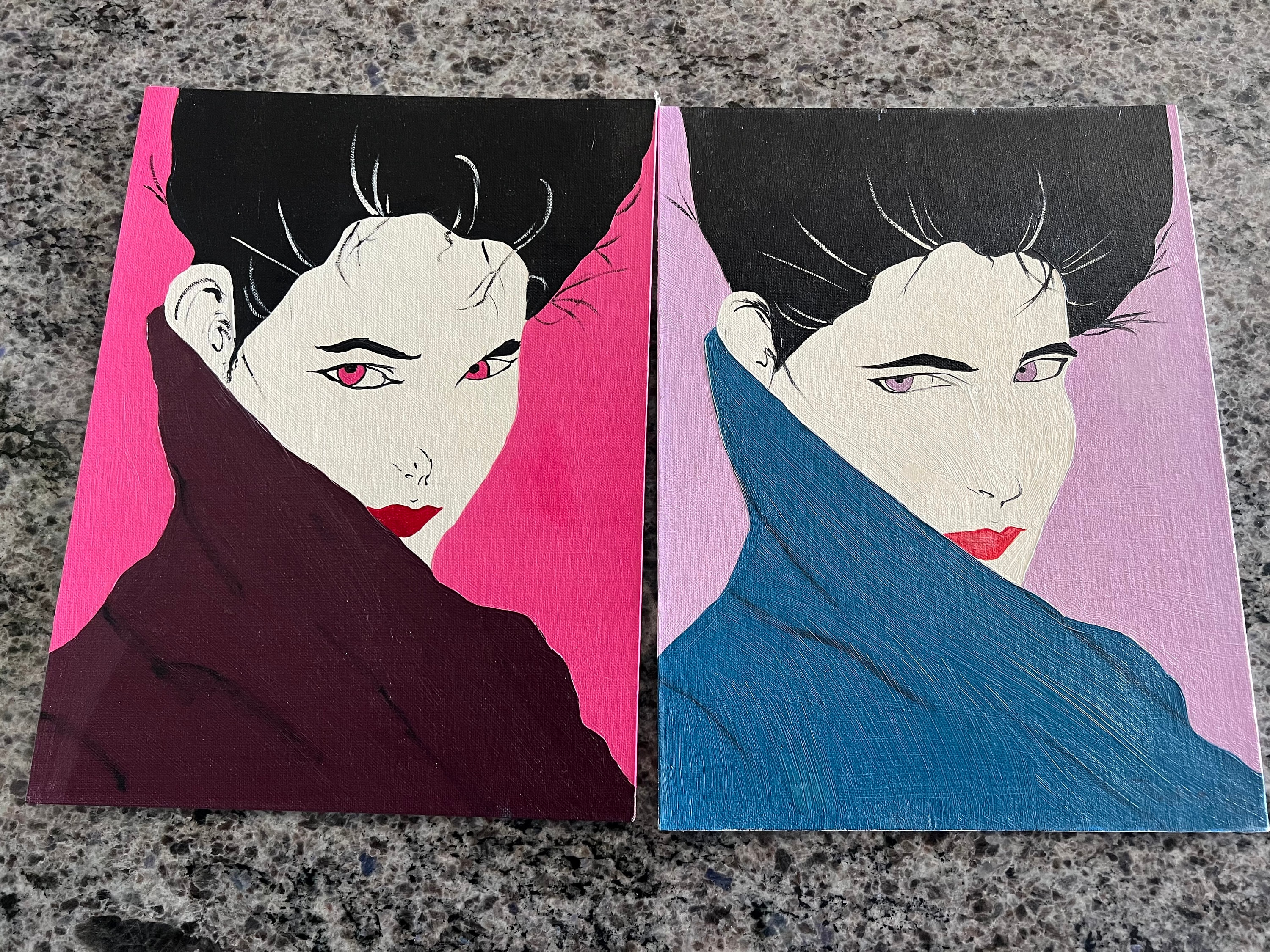 Lot of 2 1970's Patrick Nagel Reproduction Oil Paintings 12 X 16
